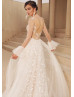 Beaded Lace Tulle Slit Wedding Dress With Detachable Sleeves